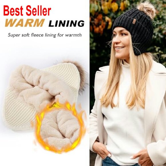 Wool Fleece Lined Ear Flap Beanie Detachable Pompom Classic Chic Winter Warm - Picture 6 of 8